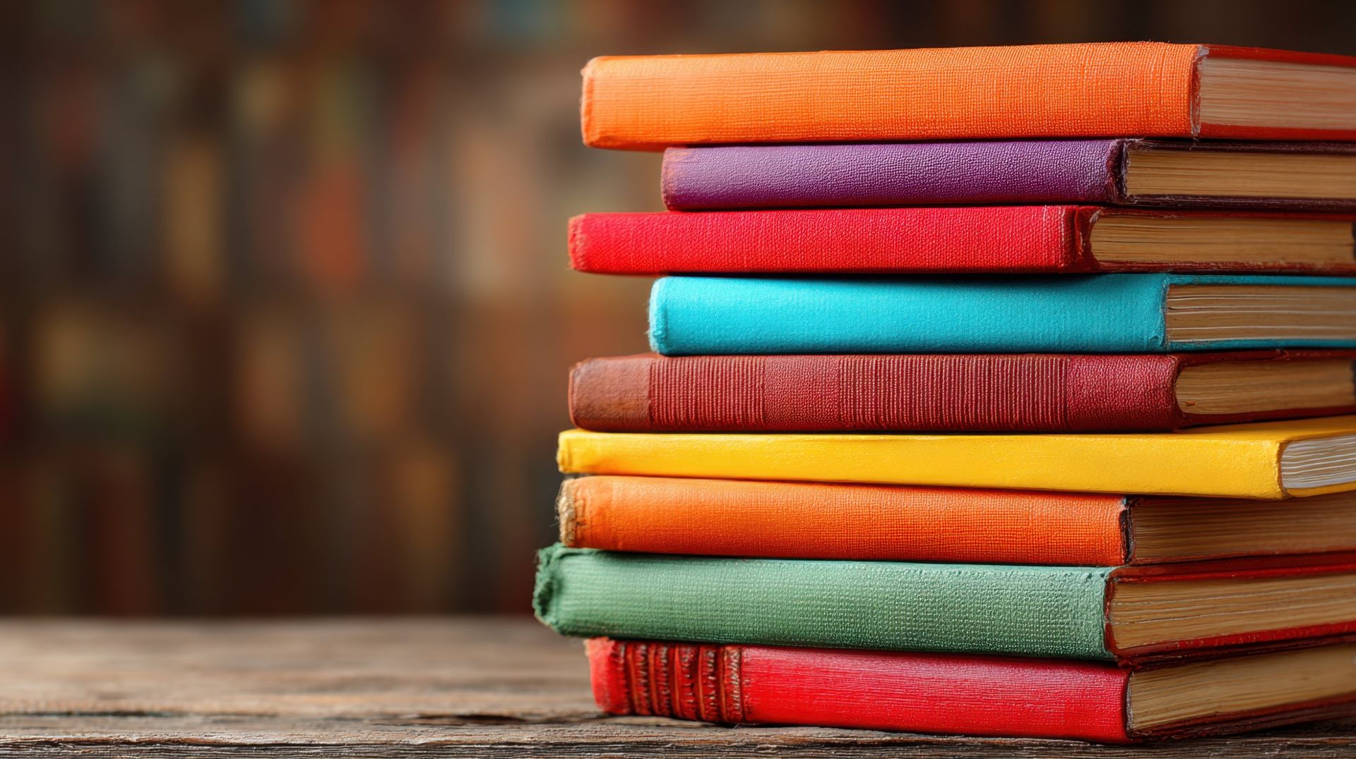 Stack of colorful folded fabrics on a wooden table against a blurred warm-toned background