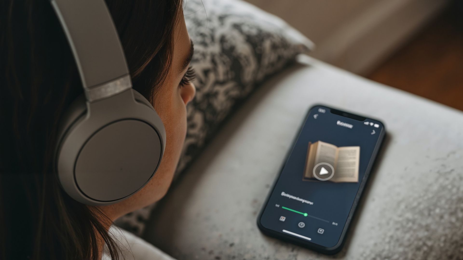 Person wearing headphones watches a video on a smartphone on a couch