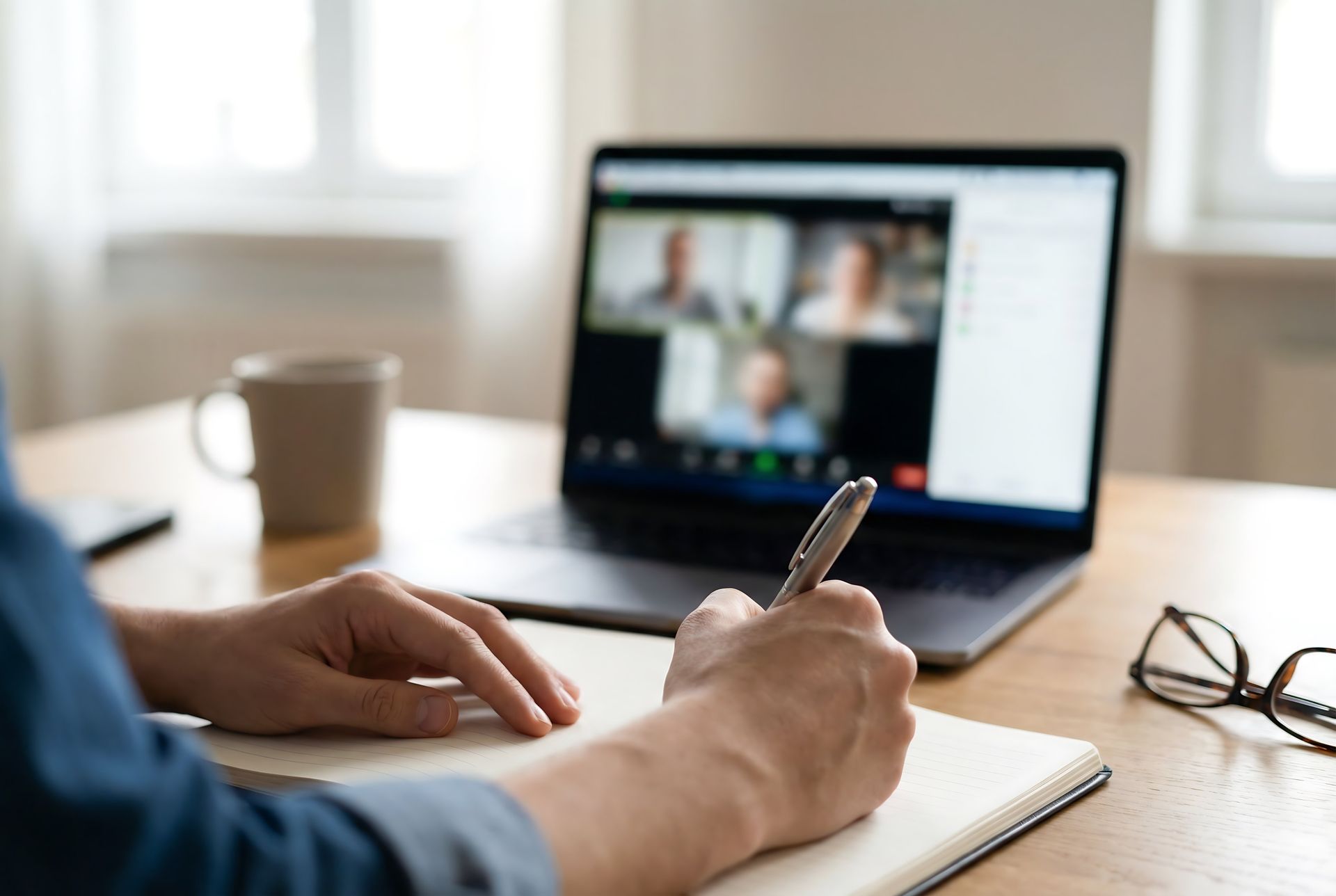 A person takes notes on a notepad while attending a virtual meeting on a laptop with a mug and glasses nearby.