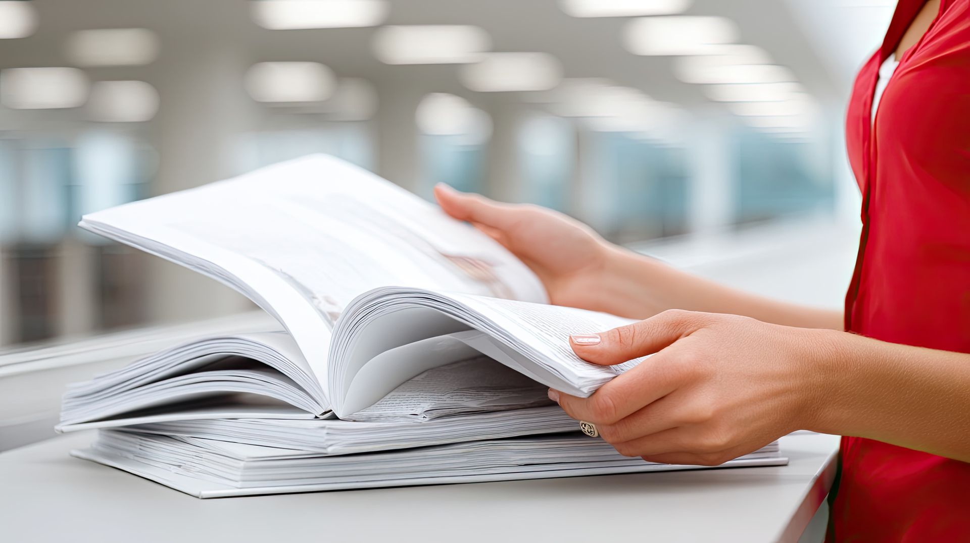 Person turning pages of an open book on a desk in a bright office setting