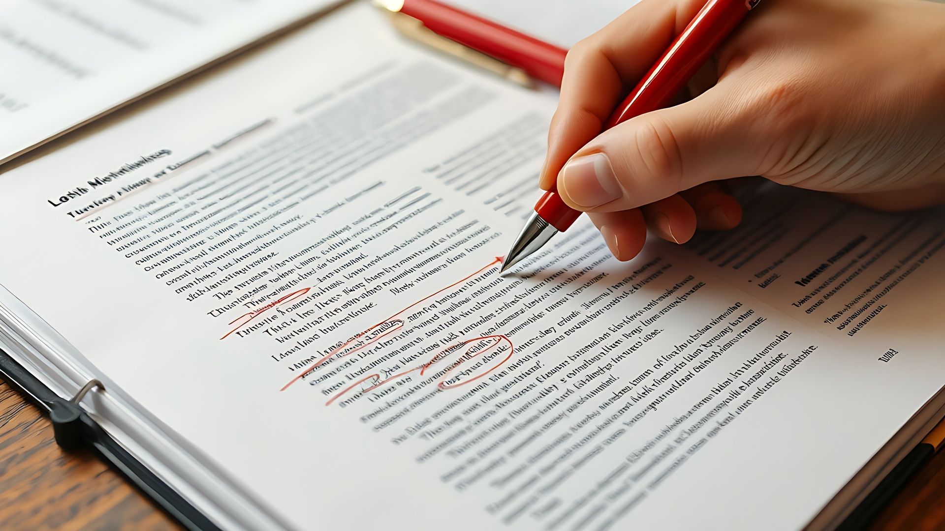 Hand writing notes on a printed document with a red pen
