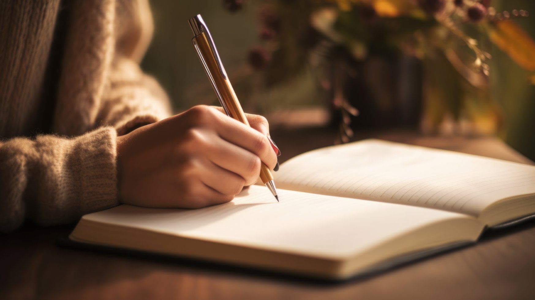 A close-up of a hand writing with a pen in an open notebook on a wooden surface in warm, soft lighting.