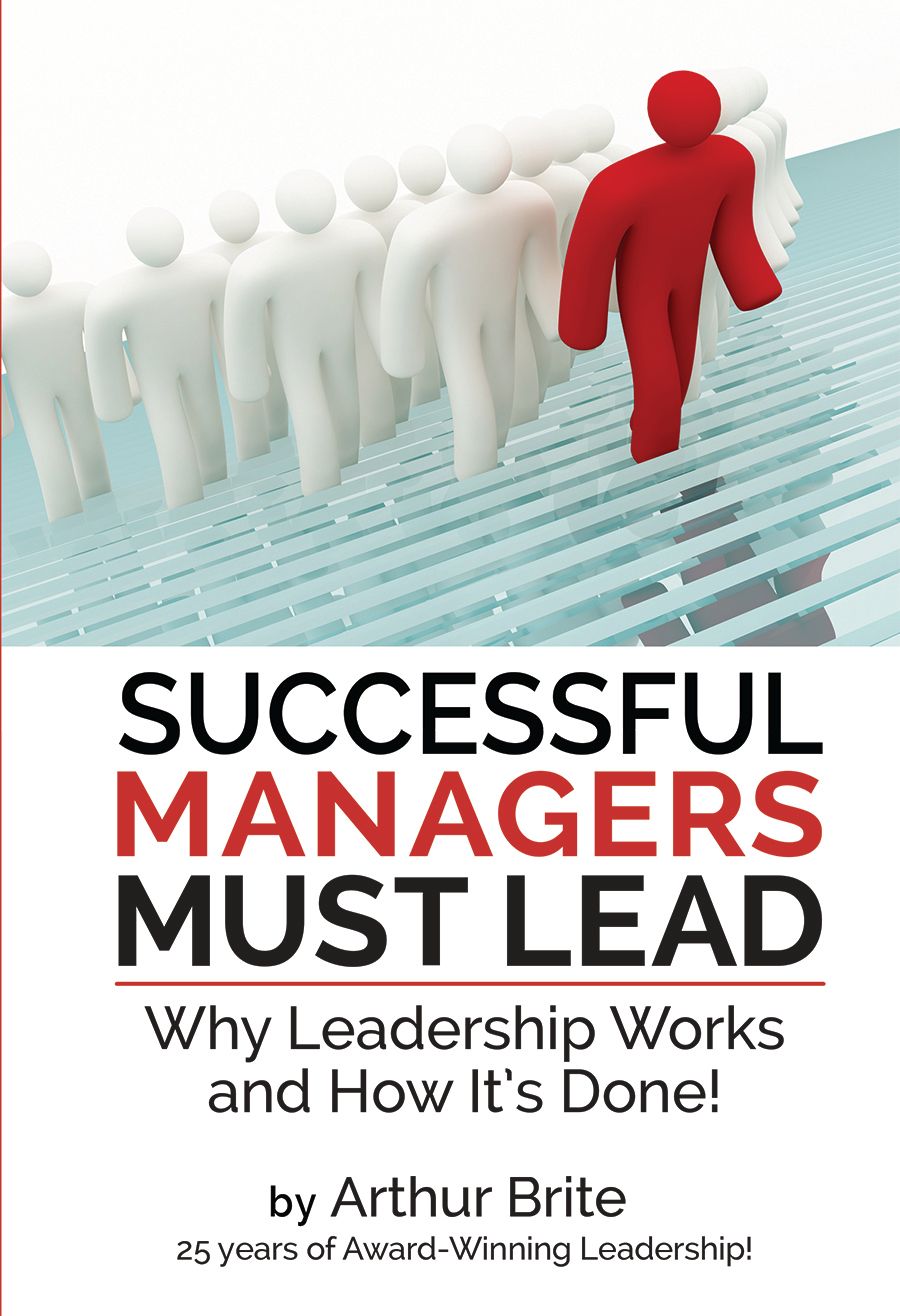 Book cover reading “Successful Managers Must Lead” with red leader ahead of a line of white figures
