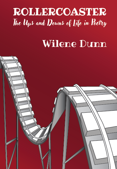 Book cover with red background and a white roller coaster; title “Rollercoaster” by Wilene Dunn.