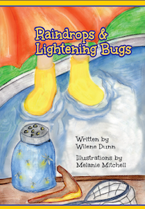 Book cover illustration showing yellow rain boots in a puddle, a jar of lightning bugs, and a net, titled in blue text.