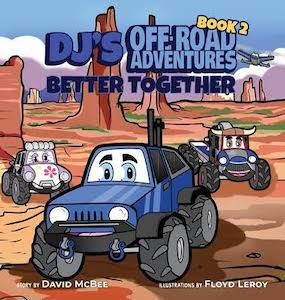 Book cover featuring three cartoon off-road vehicles in a desert landscape under a blue sky with a small plane.