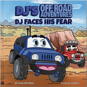 Book cover: Two cartoon jeeps, one blue and one red, smiling in a desert landscape under a blue sky.
