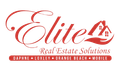 Logo: "Elite" in red script, small house icon, "Real Estate Solutions", cities listed at bottom.