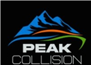 Peak Collision logo with blue mountain, orange road swoosh, and white text on black background