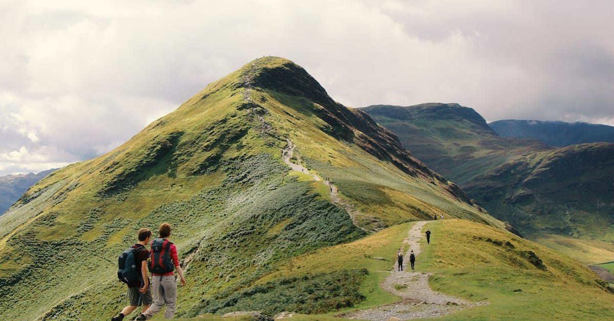 Hikers on a green mountain trail under a cloudy sky.
