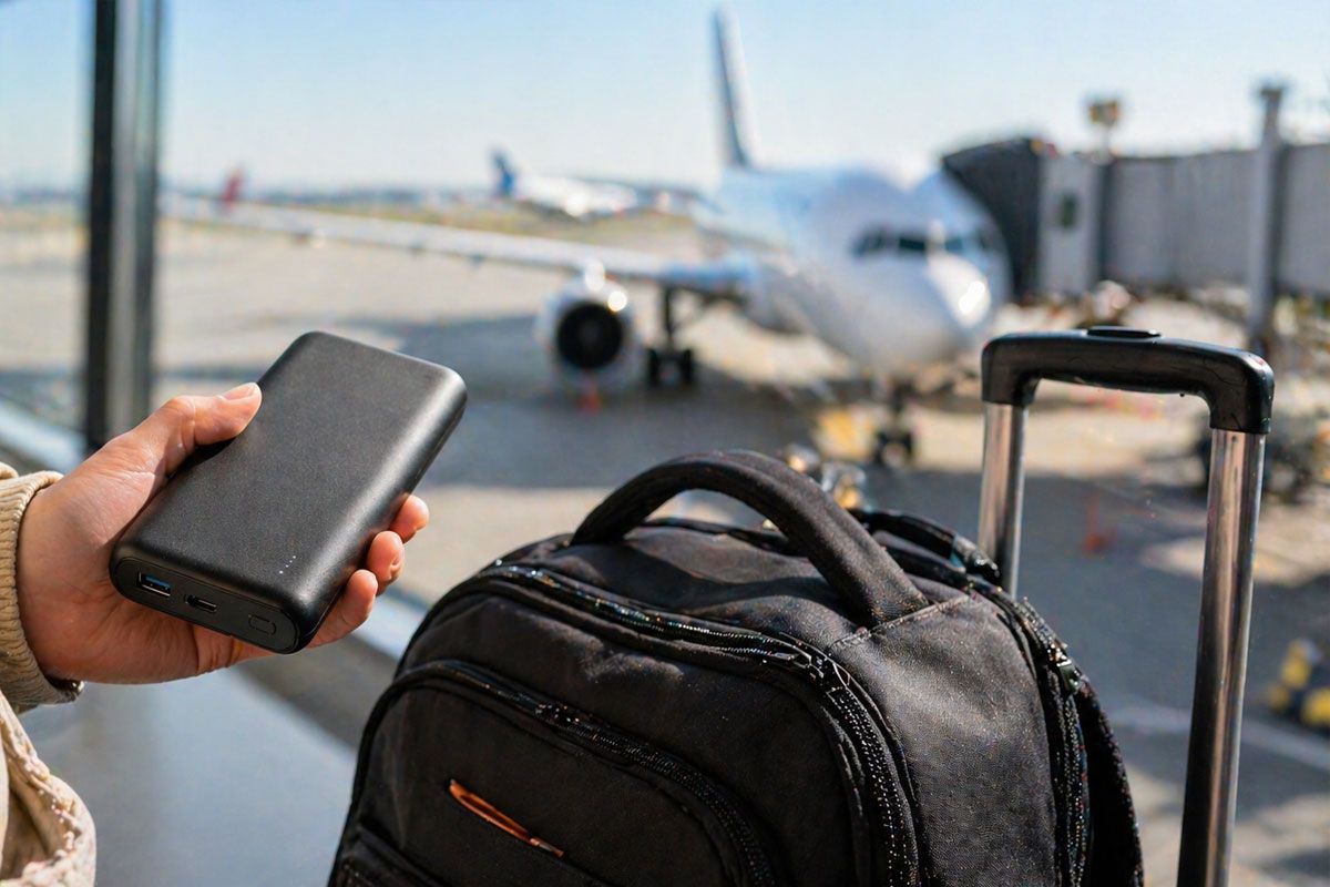 Power bank dentro de bagagem de mão em aeroporto seguindo regras da ANAC para transporte de baterias