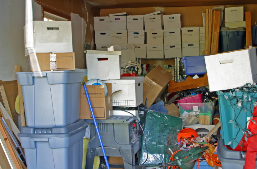 Cluttered storage boxes garage