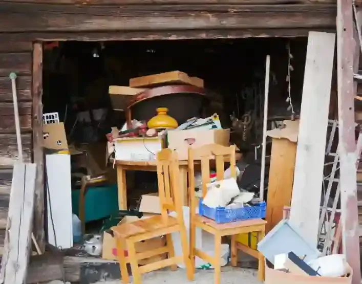 Cluttered storage shed interior