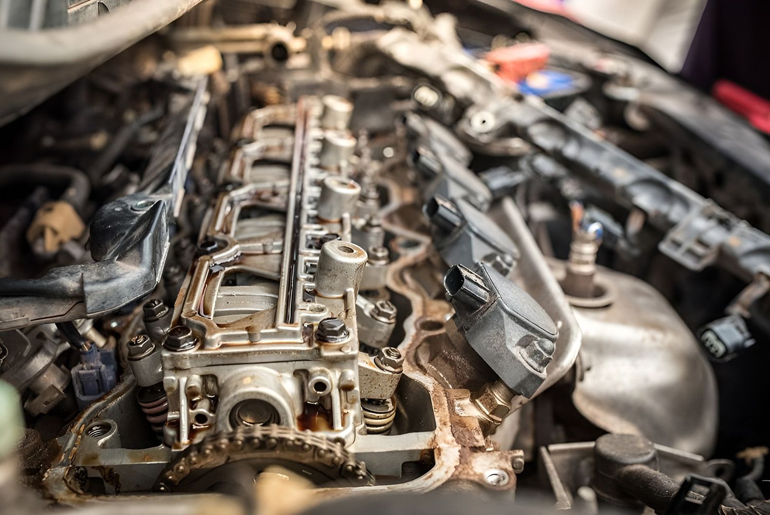 Open Car Engine with Rust Residue and Mechanical Components