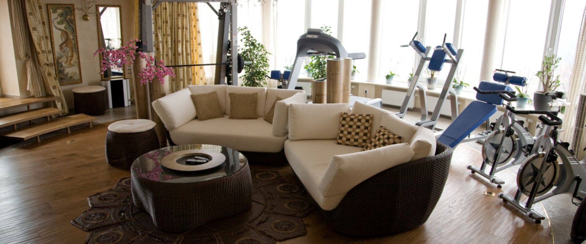 Finished basement design ideas by adding fitness tools