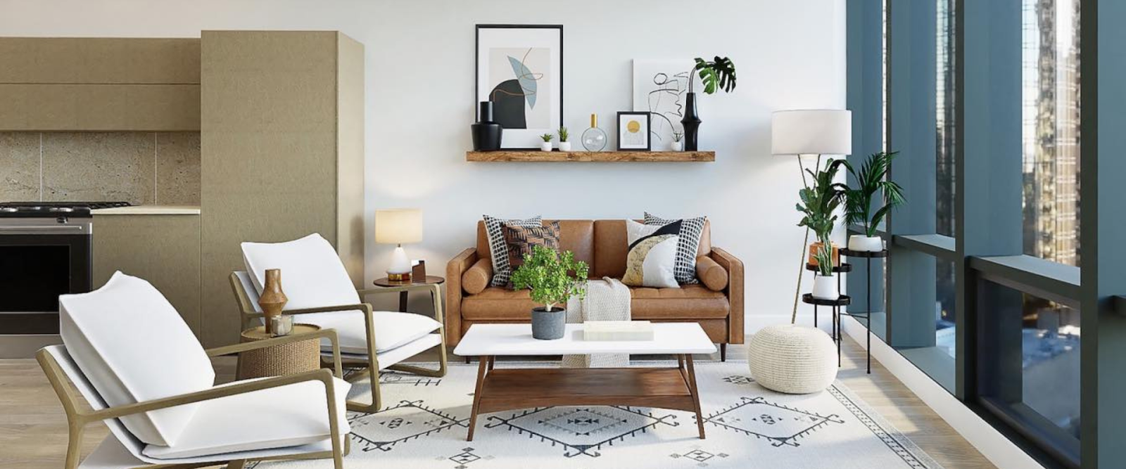 Living room with natural light and plants showing wellness-focused design in post-pandemic home design.