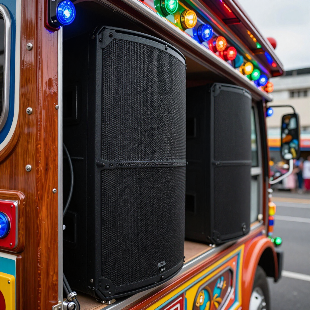 Camión colorido con grandes altavoces negros y luces multicolores en el panel lateral