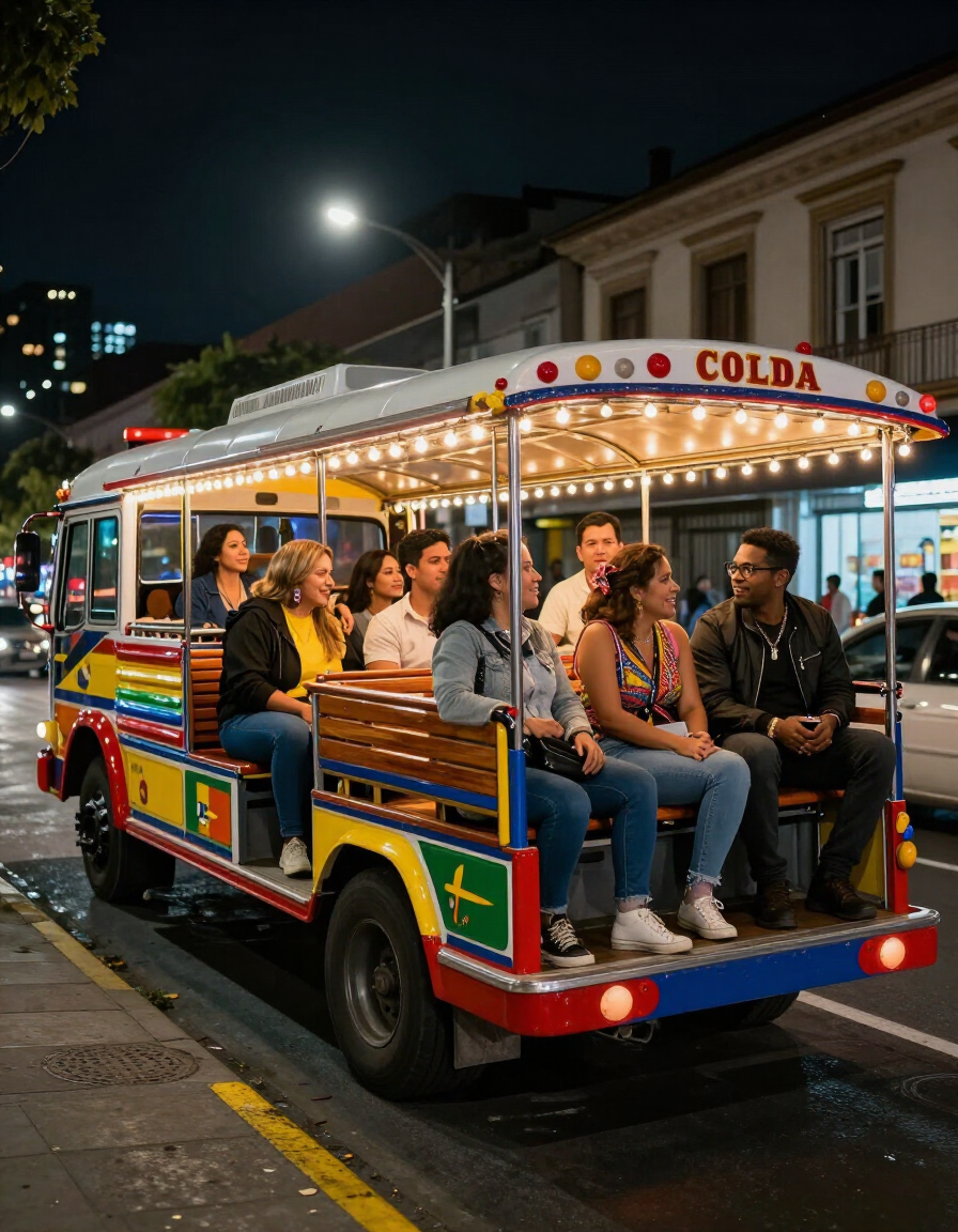 Los pasajeros viajan de noche en un tranvía lleno de luces de colores por una calle de la ciudad.