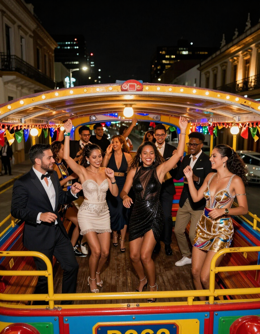 Personas bailando y posando en un barco de fiesta lleno de color por la noche, bajo las luces de la ciudad