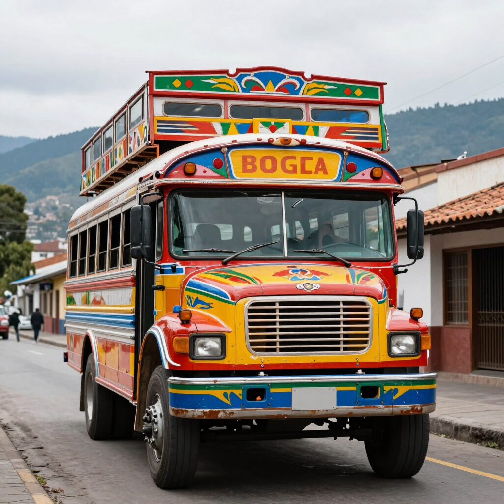 Autobús colorido y decorado circulando por una calle estrecha, con montañas al fondo