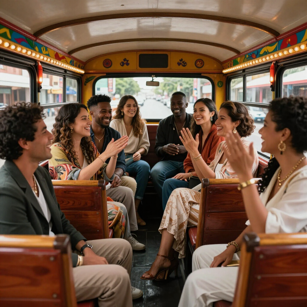 Varias personas charlando y sonriendo dentro de un autobús colorido durante un viaje en grupo