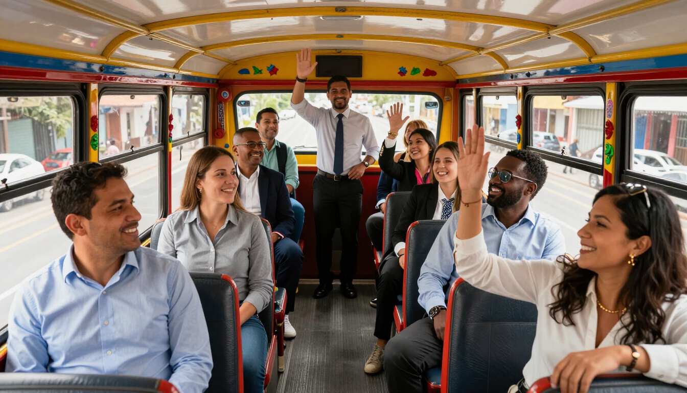 Pasajeros sonrientes y conversando en el colorido interior de un autobús urbano