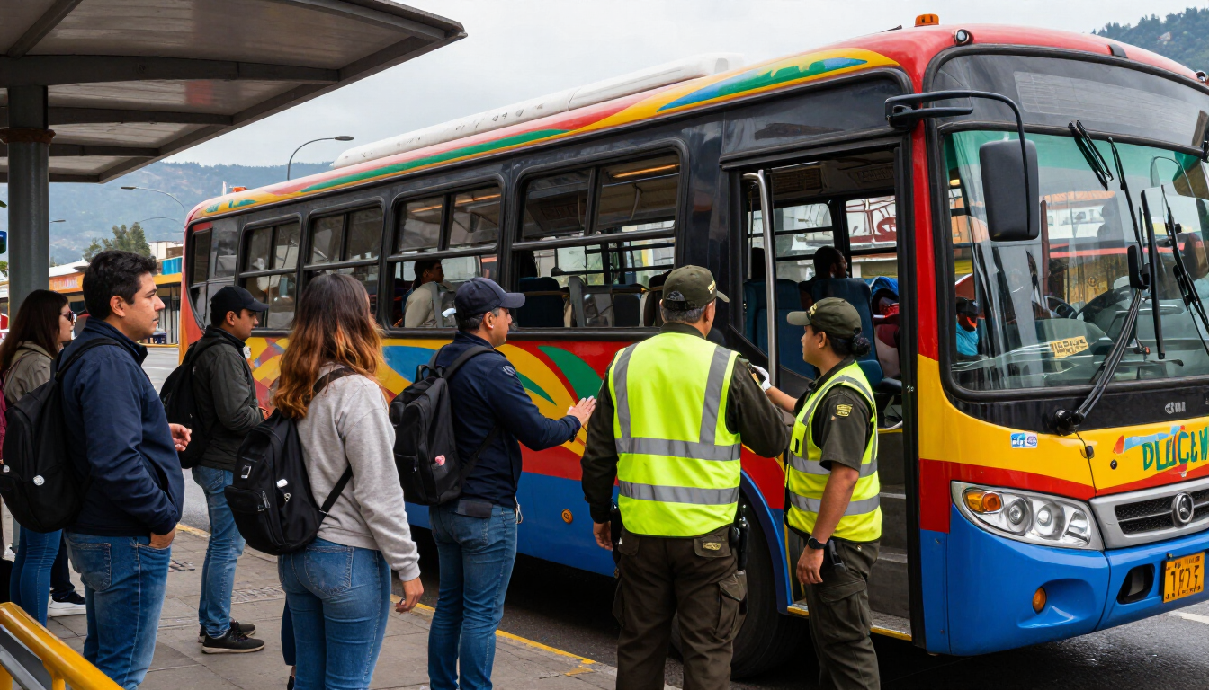 Personas subiendo a un autobús urbano colorido en una parada junto a la acera