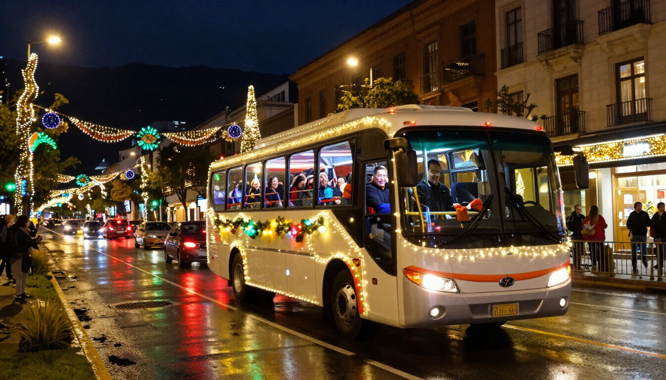 Autobús iluminado con luces navideñas recorriendo una calle lluviosa de la ciudad por la noche, con adornos festivos y peatones