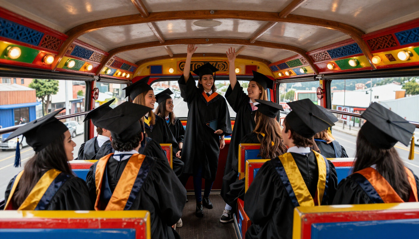 Graduados con toga y birrete viajan en un autobús colorido, levantando los brazos para celebrar.