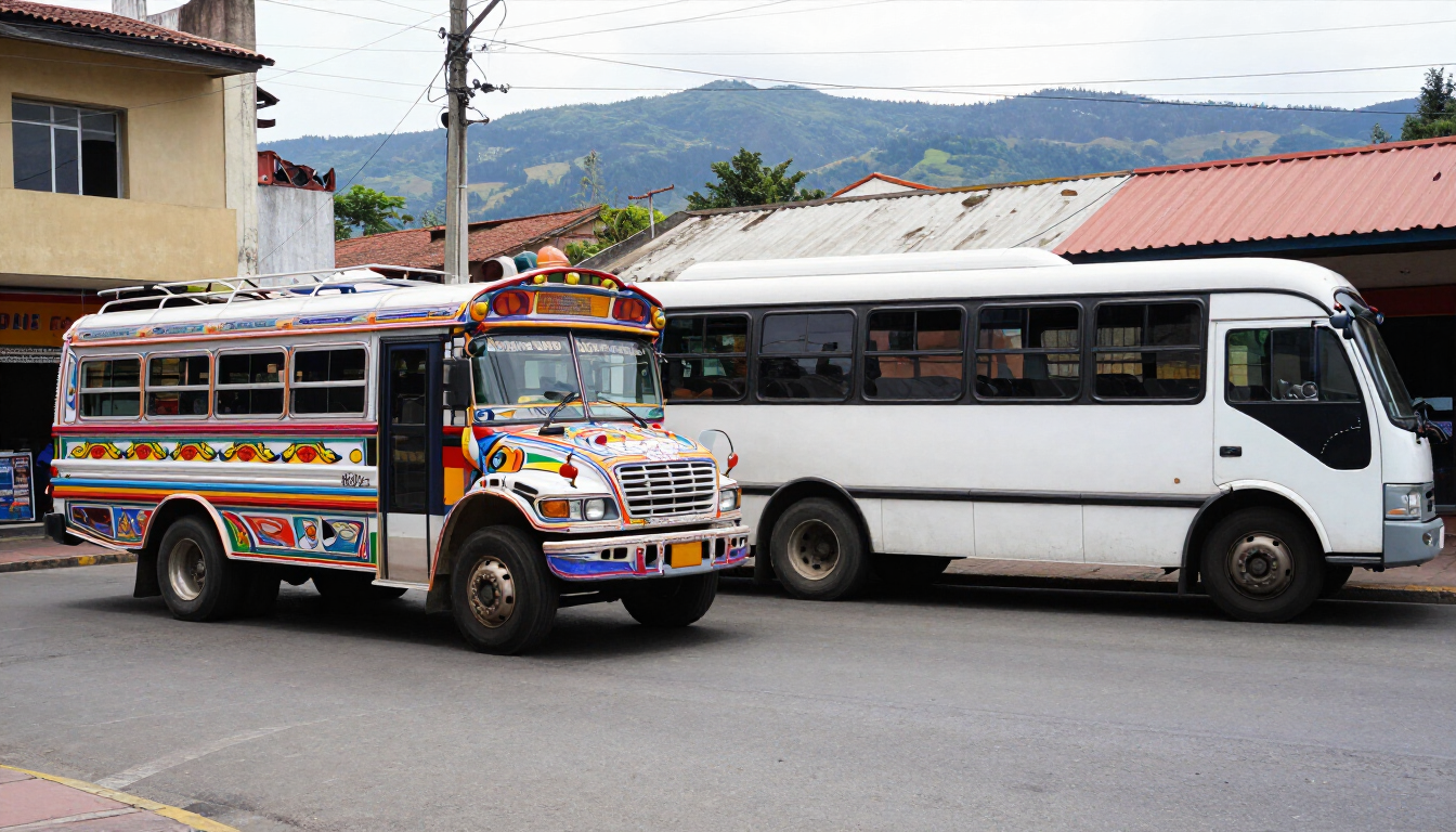 Jeepney decorado con vivos colores junto a una furgoneta blanca, en una calle con casas y colinas al fondo