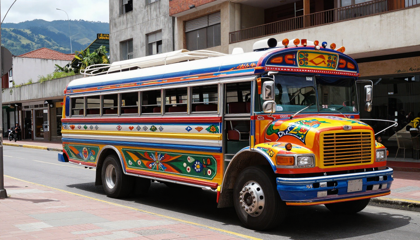 Autobús antiguo pintado de vivos colores, estacionado en una calle junto a un edificio, con montañas al fondo
