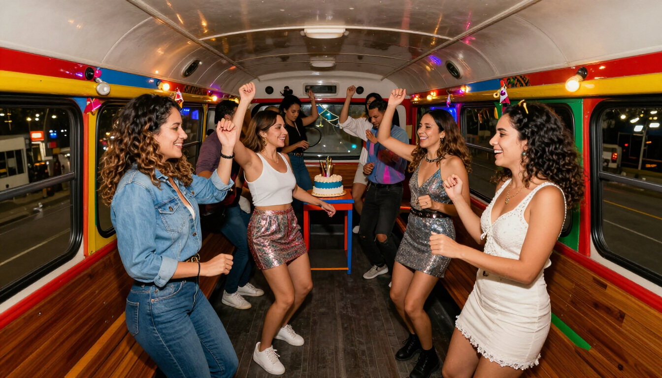 Gente bailando y charlando dentro de un autobús fiestero lleno de luces de neón.