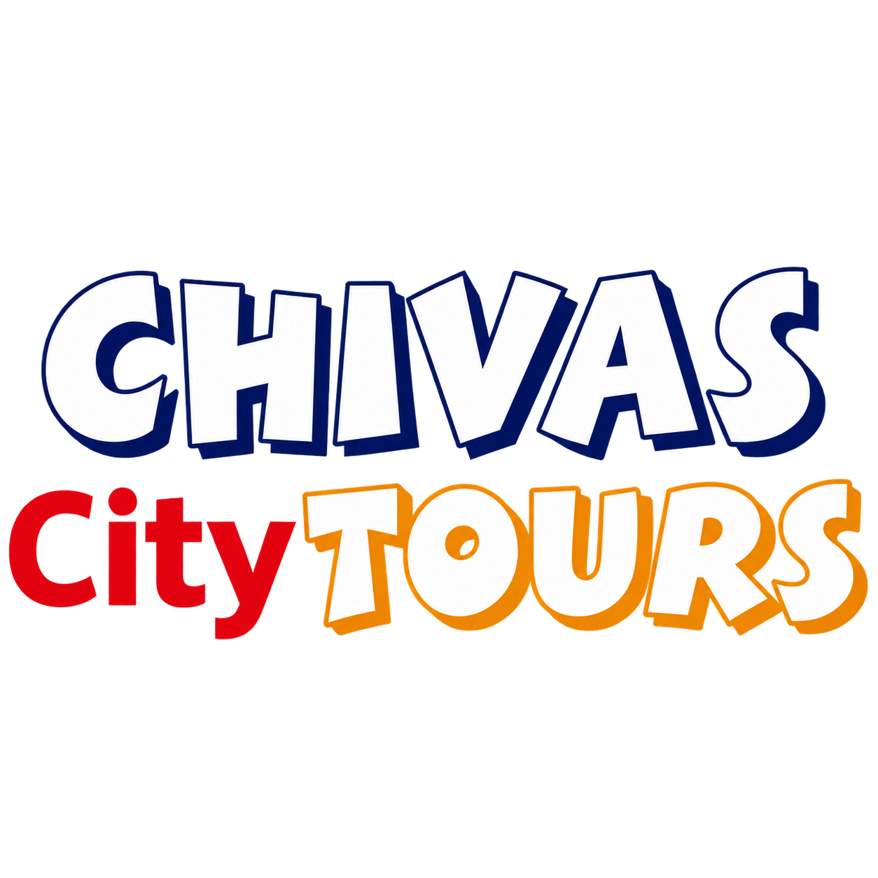 Logotipo de CHIVAS City Tours con texto azul, rojo y naranja sobre fondo blanco