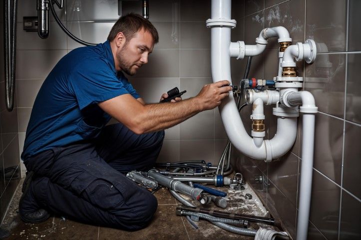 A plumber wearing a blue shirt kneels on a tiled floor, inspecting white drain pipes under a sink with a small flashlight.