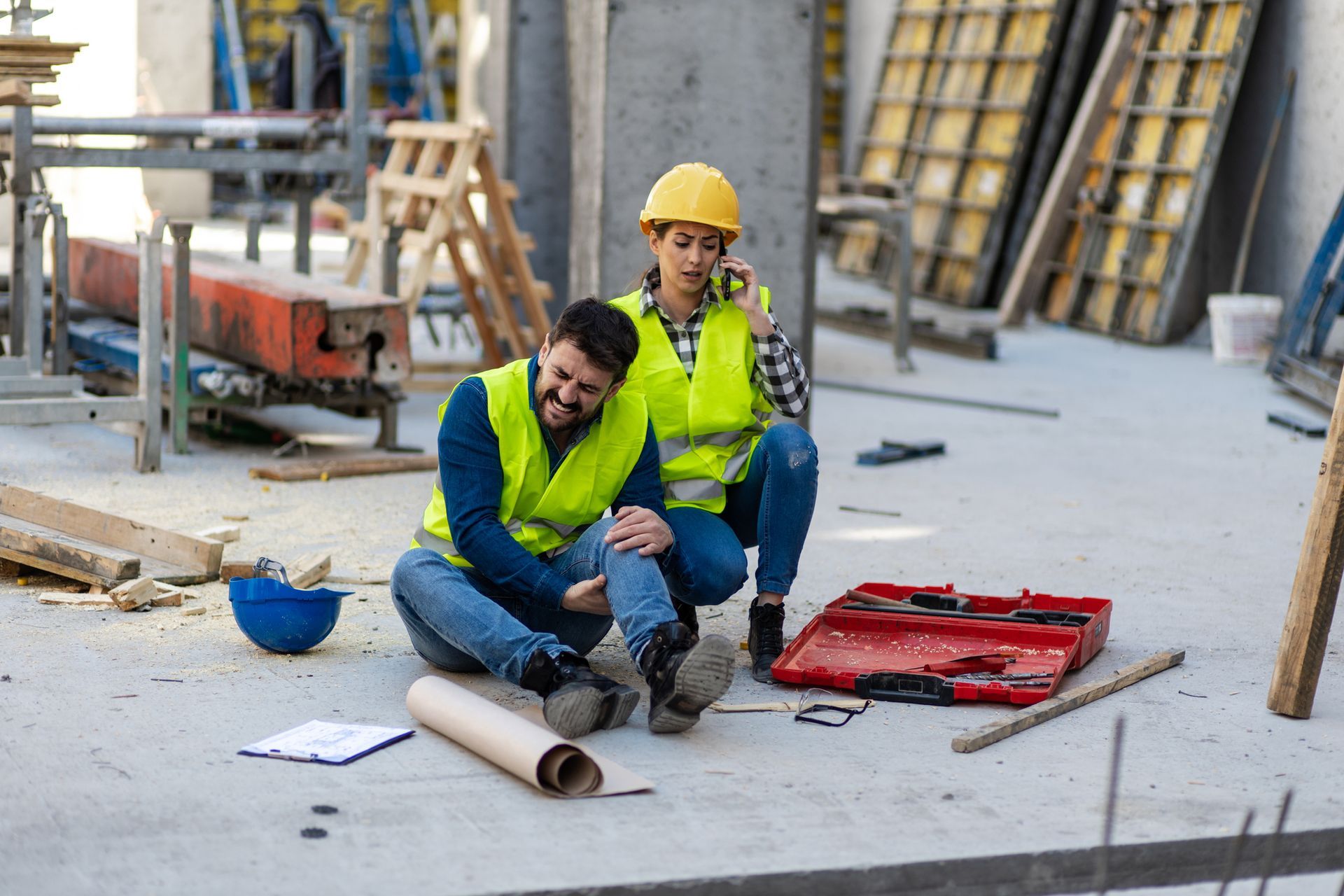 A construction worker falling off ladder and injuring his leg. A coworker calls for help.