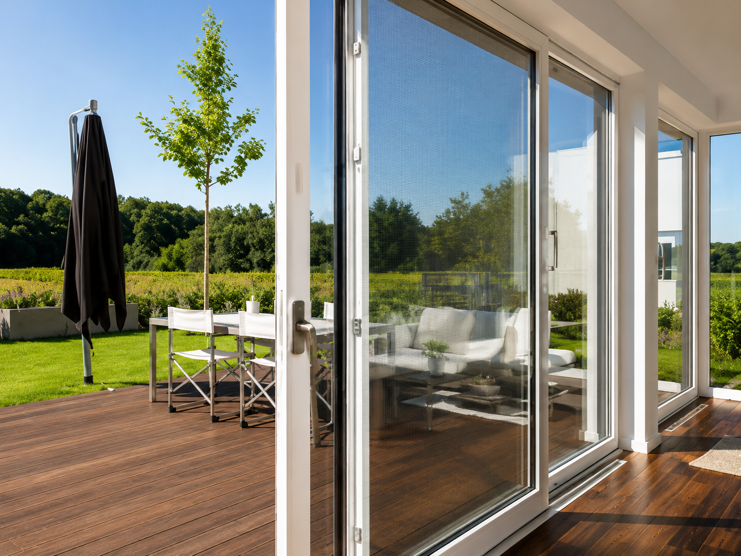 Patio moderno con porte scorrevoli in vetro, pavimentazione in legno, mobili bianchi e vista sul giardino.