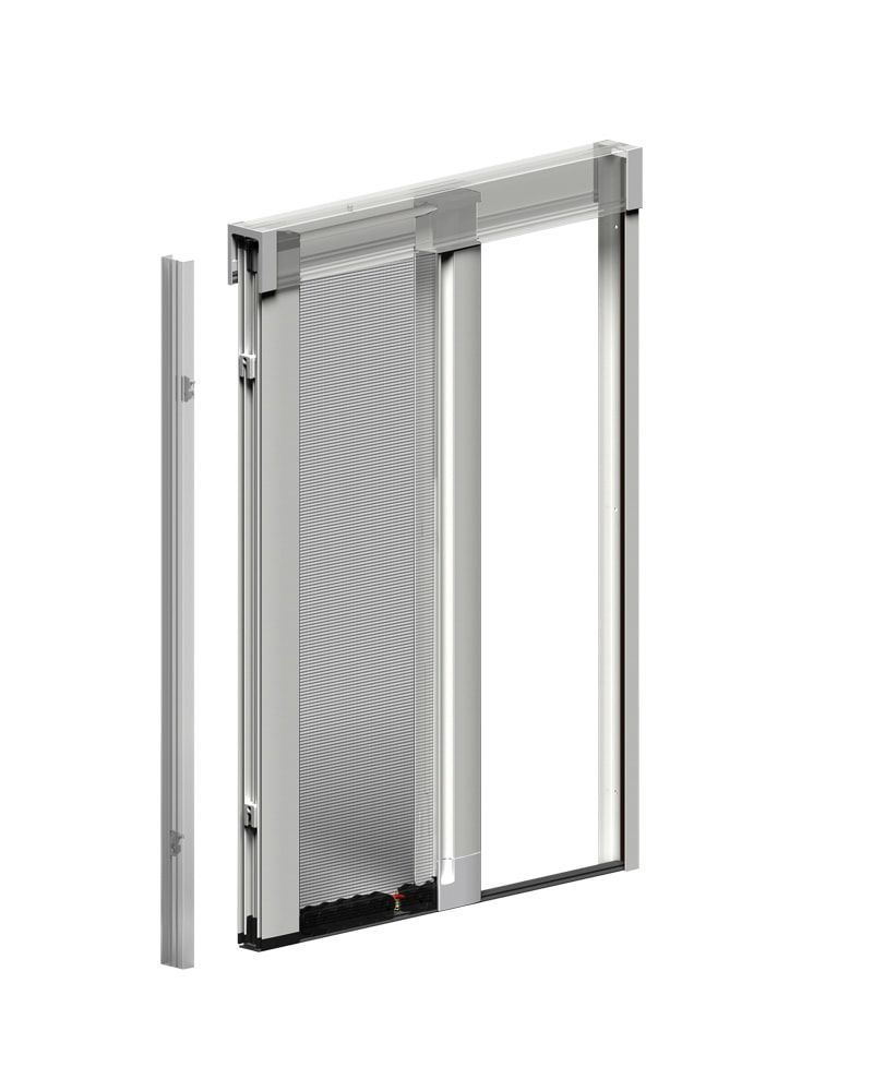 Porta scorrevole a zanzariera con telaio in alluminio e pannello in rete, mostrata parzialmente aperta con binario laterale.