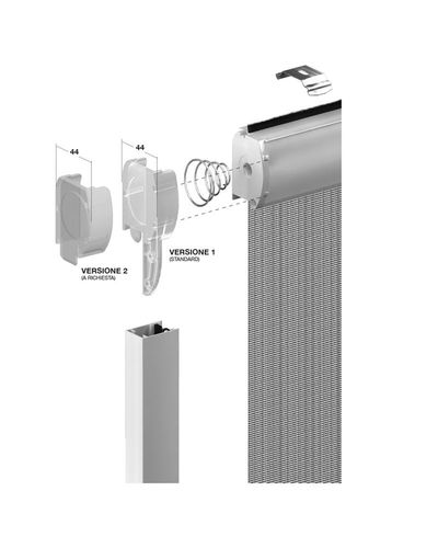 Vista esplosa di un meccanismo per porta a soffietto argentato montato a soffitto, con lamelle sovrapposte e componenti metallici.