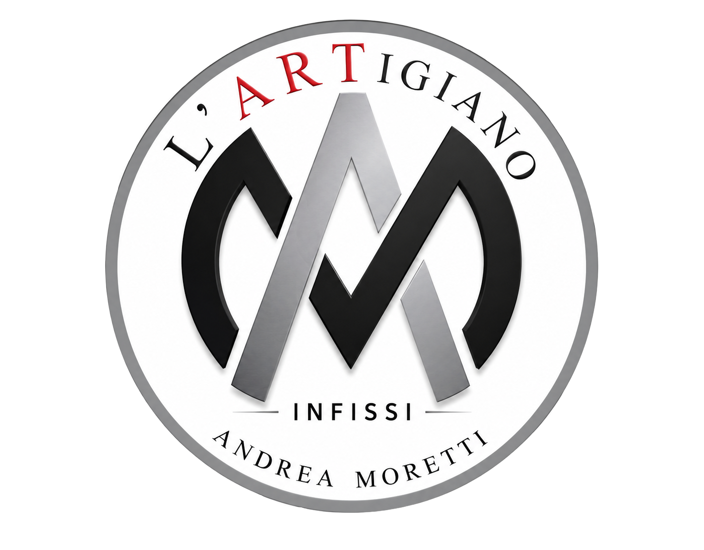 Logo circolare nero, grigio e rosso con la scritta &ldquo;L'ARTIGIANO INFISSI ANDREA MORETTI&rdquo; e le iniziali &ldquo;AM&rdquo; stilizzate.