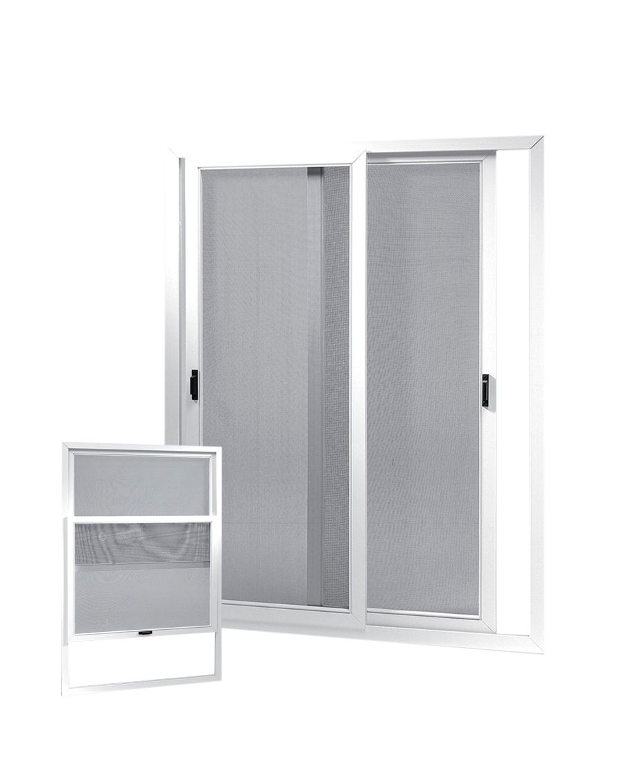 Porte a zanzariera con telaio bianco e pannelli in rete grigia, disponibili in diverse dimensioni.