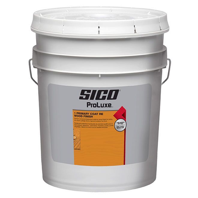 Five-gallon SICO ProLuxe wood finish bucket with a grey and orange label
