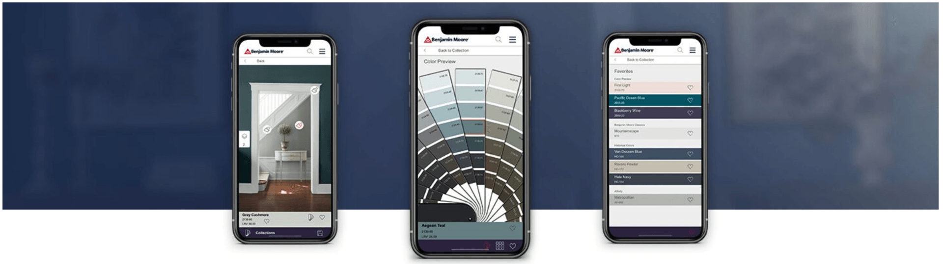 Three phones show the Benjamin Moore app: a room preview, a colour swatch wheel, and a list of saved paint colours.