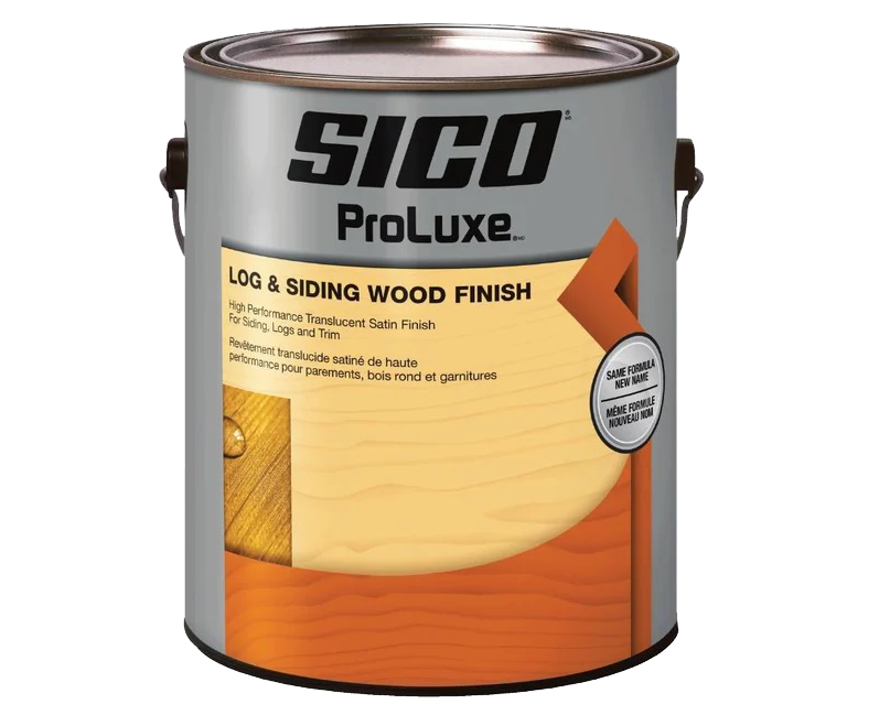 One-gallon can of SICO ProLuxe Log & Siding Wood Finish with a grey and woodgrain label and metal handles.