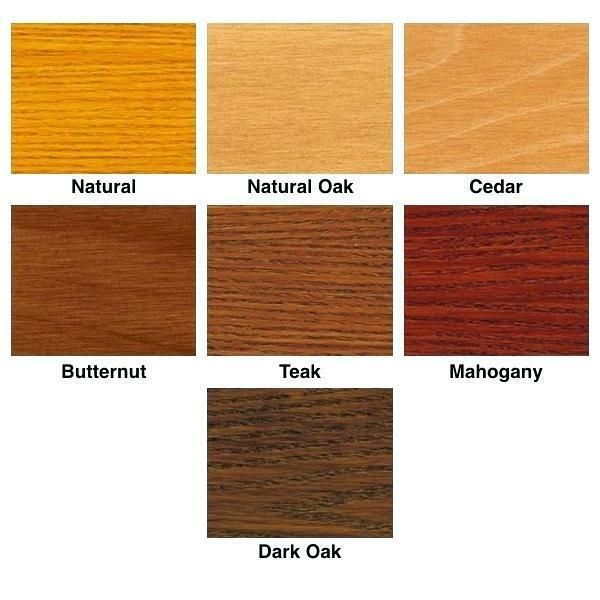 Wood stain color chart showing seven labeled swatches: Natural, Natural Oak, Cedar, Butternut, Teak, Mahogany, and Dark Oak.