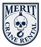 The logo for merit crane rental has a skull and hook on it.