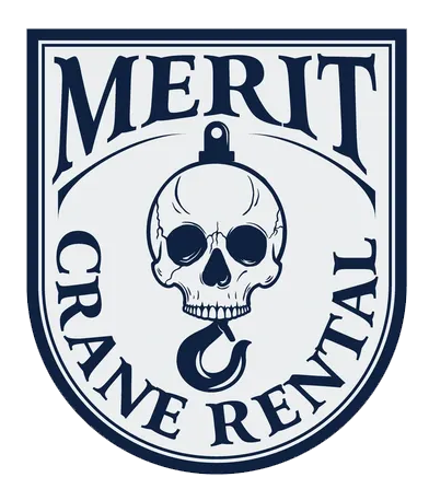 The logo for merit crane rental has a skull and hook on it.