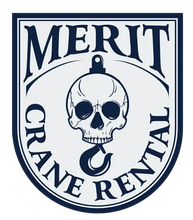 The logo for merit crane rental has a skull and hook on it.