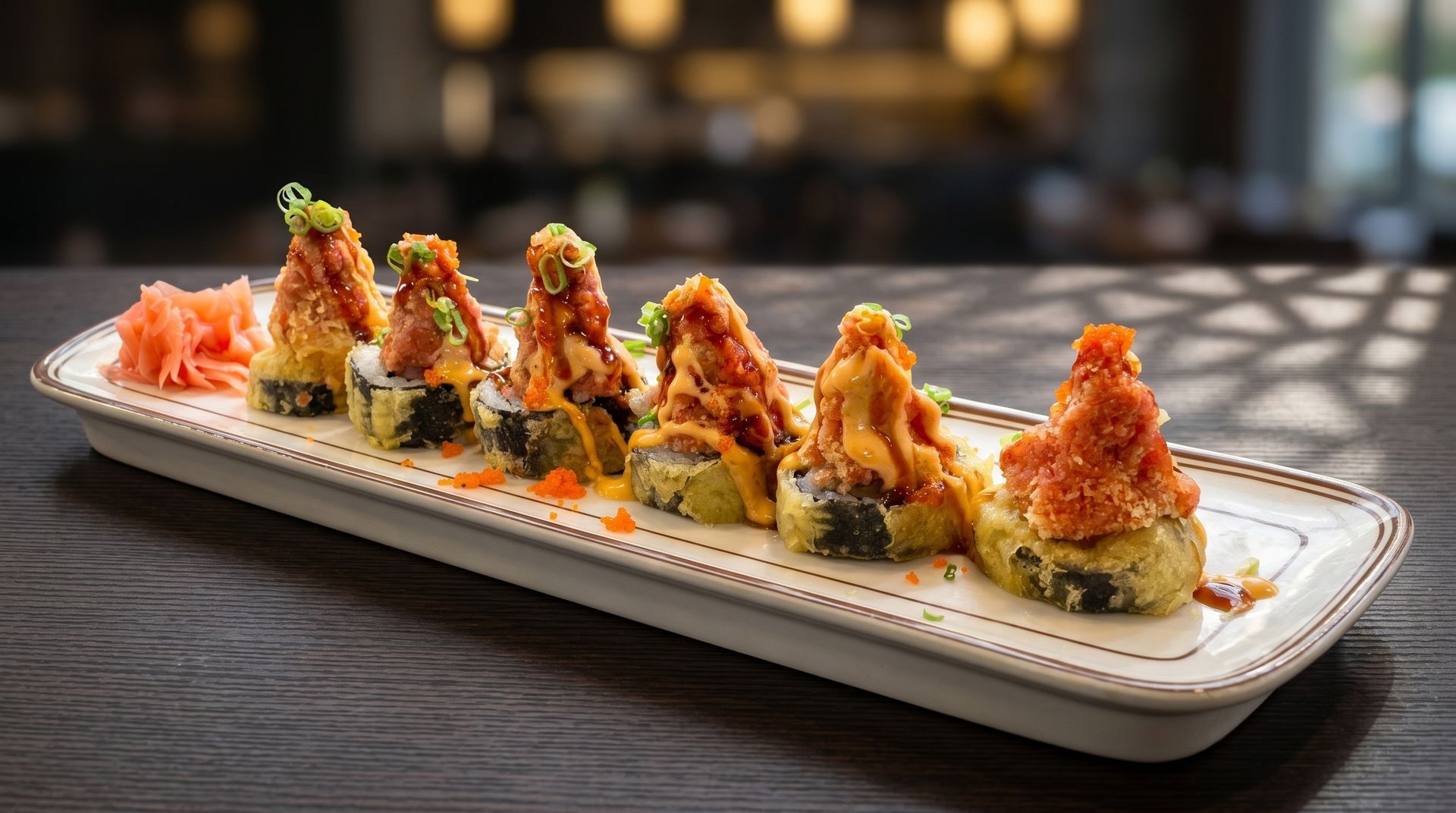 Sushi rolls topped with crispy garnish on a long white platter in a restaurant setting