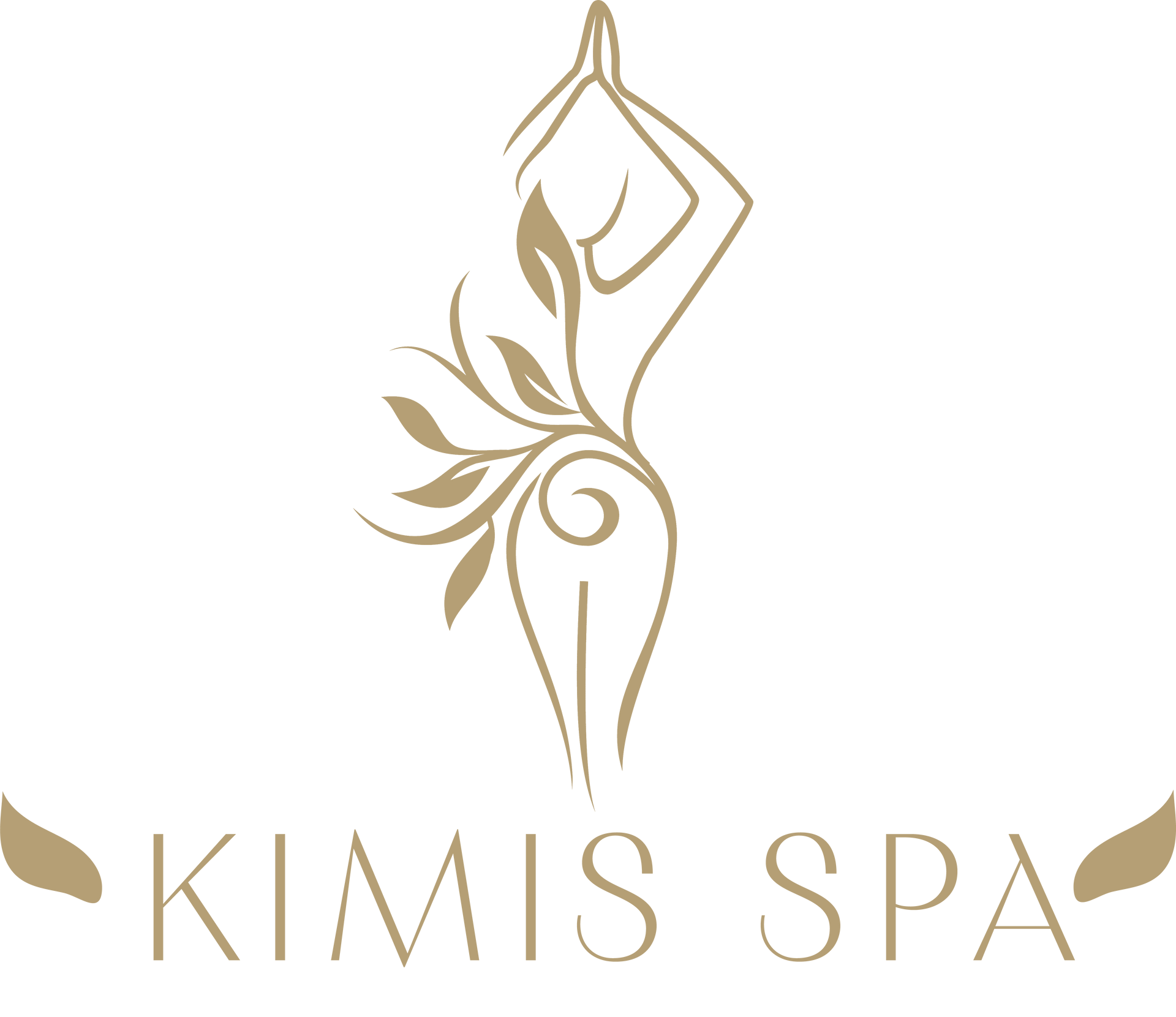 Gold logo: Woman figure with leaf design, Kimis Spa text.