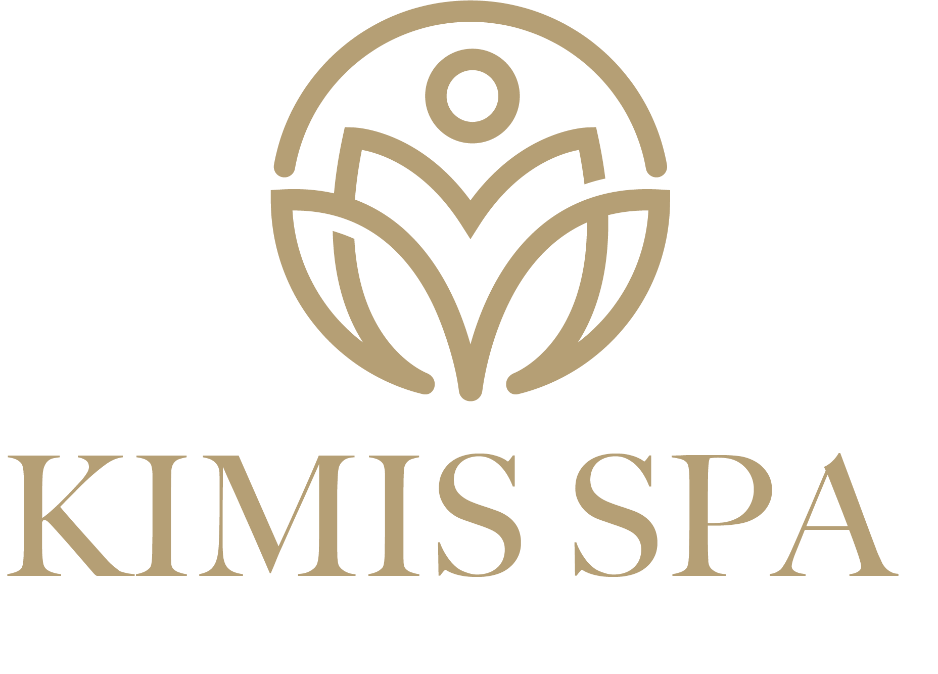 Logo for Kimis Spa: Gold floral design within a circle, with